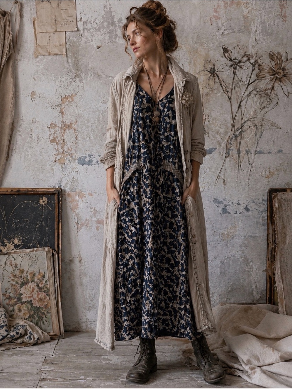 Sacred Threads XL Navy Blue & Ivory Boho Floral Maxi Dress